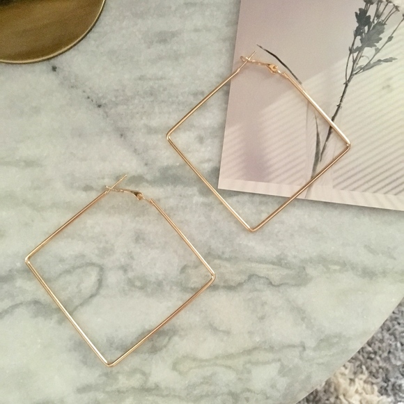 Large Square Geometric Hoop Gold Earrings - Picture 3 of 8